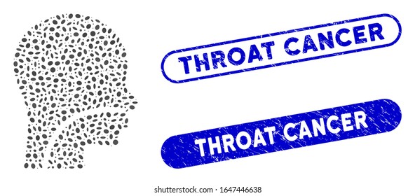 Mosaic patient and grunge stamp seals with Throat Cancer phrase. Mosaic vector patient is designed with randomized oval parts. Throat Cancer seals use blue color, and have round rectangle shape.