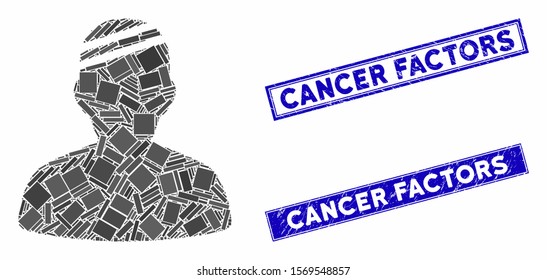 Mosaic patient icon and rectangle seals. Flat vector patient mosaic icon of scattered rotated rectangle elements. Blue caption seal stamps with grunge textures.