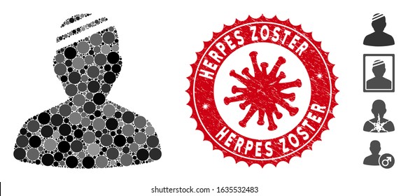 Mosaic Patient Icon And Red Round Grunge Stamp Seal With Herpes Zoster Text And Coronavirus Symbol. Mosaic Vector Is Designed From Patient Icon And With Scattered Round Items.