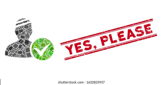 Mosaic patient OK icon and red Yes, Please seal stamp between double parallel lines. Flat vector patient OK mosaic icon of randomized rotated rectangular items. Red Yes,