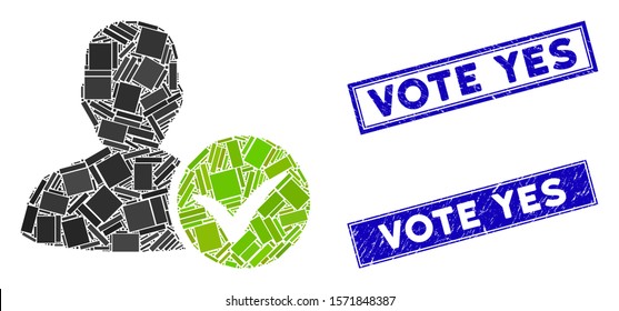 Mosaic patient OK pictogram and rectangular Vote Yes rubber prints. Flat vector patient OK mosaic pictogram of randomized rotated rectangular items.