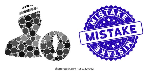 Mosaic patient problem icon and rubber stamp watermark with Mistake text. Mosaic vector is designed with patient problem icon and with random spheric spots. Mistake stamp seal uses blue color,