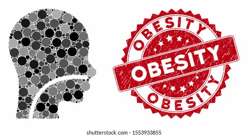 Mosaic patient and rubber stamp watermark with Obesity phrase. Mosaic vector is created with patient icon and with random circle spots. Obesity stamp seal uses red color, and rubber surface.