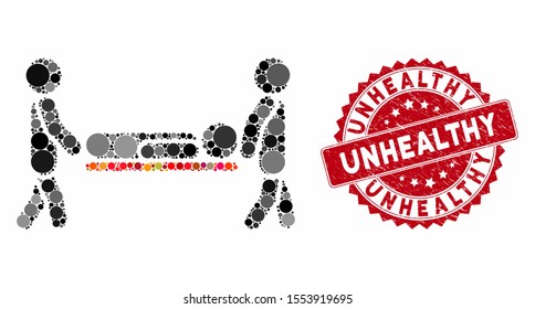 Mosaic patient stretcher and corroded stamp seal with Unhealthy text. Mosaic vector is composed with patient stretcher icon and with randomized round items. Unhealthy stamp seal uses red color,