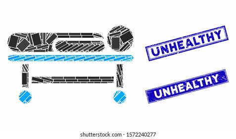 Mosaic patient stretcher icon and rectangular Unhealthy seals. Flat vector patient stretcher mosaic icon of scattered rotated rectangular elements.