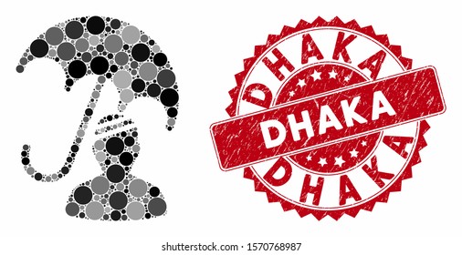Mosaic patient umbrella protection and distressed stamp seal with Dhaka caption. Mosaic vector is designed with patient umbrella protection icon and with randomized round spots.