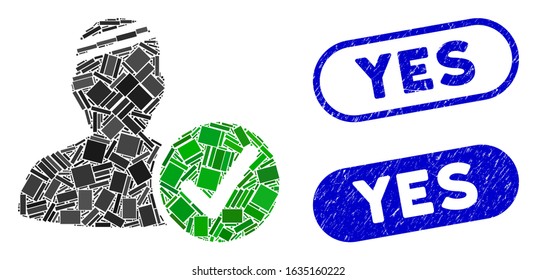 Mosaic patient valid and grunge stamp watermarks with Yes phrase. Mosaic vector patient valid is formed with scattered rectangle items. Yes stamp seals use blue color, and have round rectangle shape.