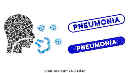 Mosaic patient viruses icon and red rounded grunge stamp seal with Pneumonia caption and coronavirus symbol. Mosaic vector is designed from patient viruses icon and with random round elements.