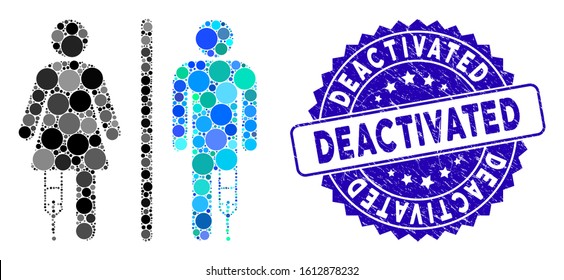 Mosaic patient WC persons icon and rubber stamp watermark with Deactivated caption. Mosaic vector is designed with patient WC persons icon and with scattered round elements.