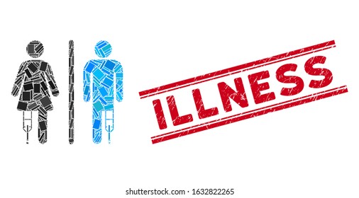 Mosaic patient WC persons pictogram and red Illness seal stamp between double parallel lines. Flat vector patient WC persons mosaic pictogram of random rotated rectangle items.