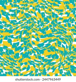 Mosaikmuster in blau, gelb und weiß. Design für Textilien, Bildschirmhintergrund, Fliesen und andere. Zusammengewürfelter Hintergrund. Vektorgrafik nahtlos.