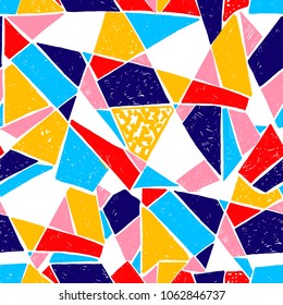 Mosaic pattern of broken tile. Seamless hand drawn  pattern with markers. Trending Memphis style.  Abstract kaleidoscope.