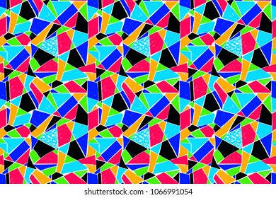Mosaic pattern of broken tile. Seamless hand drawn  pattern with markers. Trending Memphis style.  Abstract kaleidoscope.