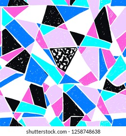 Mosaic pattern of broken tile. Seamless hand drawn  pattern with markers. Trending Memphis style.  Abstract kaleidoscope.