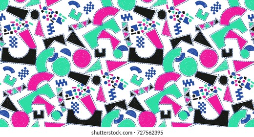 Mosaic pattern of broken tile. Seamless hand drawn  pattern with markers. Trending Memphis style.  Abstract kaleidoscope.