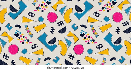 Mosaic pattern of broken tile. Seamless hand drawn  pattern with markers. Trending Memphis style.  Abstract kaleidoscope.