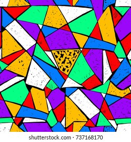 Mosaic pattern of broken tile. Seamless hand drawn  pattern with markers. Trending Memphis style.  Abstract kaleidoscope.