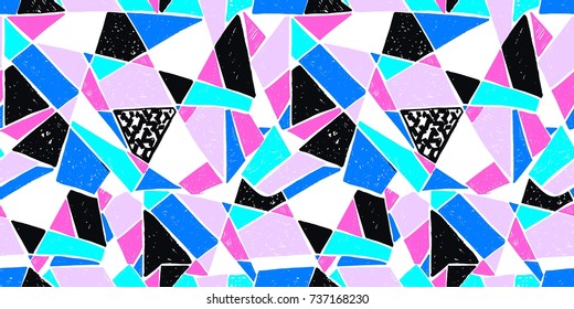 Mosaic pattern of broken tile. Seamless hand drawn  pattern with markers. Trending Memphis style.  Abstract kaleidoscope.