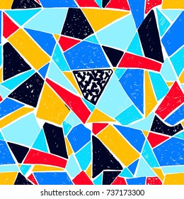 Mosaic pattern of broken tile. Seamless hand drawn  pattern with markers. Trending Memphis style.  Abstract kaleidoscope.