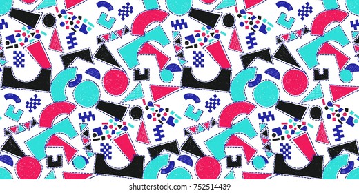 Mosaic pattern of broken tile. Seamless hand drawn  pattern with markers. Trending Memphis style.  Abstract kaleidoscope.