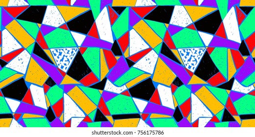 Mosaic pattern of broken tile. Seamless hand drawn  pattern with markers. Trending Memphis style.  Abstract kaleidoscope.