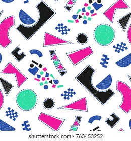 Mosaic pattern of broken tile. Seamless hand drawn  pattern with markers. Trending Memphis style.  Abstract kaleidoscope.