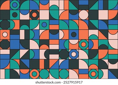 Mosaic pattern with colorful geometric shapes, including circles and tiles in green, blue, orange, and pink in retro style