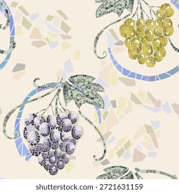 Patrón de mosaico con uvas. Dibujado a mano y colocado piezas de azulejos. Colores pastel, frescos y originales