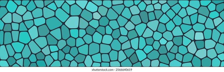 a mosaic pattern with irregular, interconnected shapes in various shades of blue and teal, resembling stained glass. It's visually appealing due to vibrant colors and intricate design.