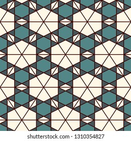 Mosaic pattern. Kaleiposcope ornament. Repeated geometric figures, stars motif. Seamless surface design. Ethnic wallpaper. Geo abstract background. Digital paper, textile print. Vector art