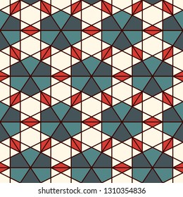 Mosaic pattern. Kaleiposcope ornament. Repeated geometric figures, stars motif. Seamless surface design. Ethnic wallpaper. Geo abstract background. Digital paper, textile print. Vector art