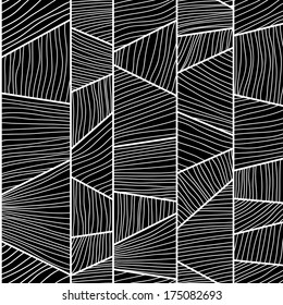 Mosaic pattern with lines and hand drawn elements. Vector illustration. Stylized Seamless texture with black and white trapeziums. Monochrome puzzle background for decoration or backdrop.