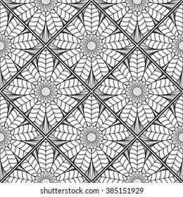 Mosaic pattern of lotus mandala. Endless texture for print, wallpaper,wrapping, tablecloth, carpet, fashion fabric. Black and white.