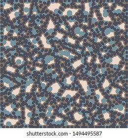 Mosaic pattern made of different notched shapes with a dotted outline. Mottled background in blue and brown tones. Textile. Tile. Paper. Vector illustration.