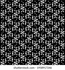 Mosaic pattern made up of patches, crosses, short lines and dots. Monochrome graphics.