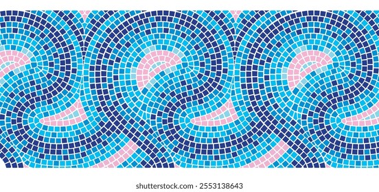 Padrão de mosaico com design marinho - azulejos quadrados azuis e cor-de-rosa dispostos em ondas curvas. Realista vetor 3d borda de decoração de piscina, superfície do banheiro, elemento interior estilo mediterrâneo.