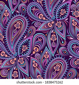 Mosaic pattern with paisley and beads. Ornamental traditional etchnic design. Vector print.