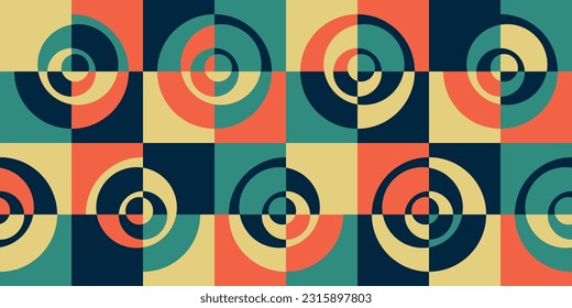 Mosaic pattern with quarters, colorful rings on the tiles. Vector and stylish pattern for design and surfaces. Modern style with circles and rings on a strict tile.