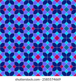 Mosaic Pattern of Rectangles and Hexagons of magenta, blue, Jade, and cyan colors.