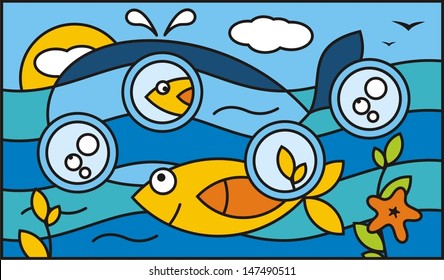 Mosaic pattern for stained glass window: underwater, ocean, fish, whale, window, sky, water, algae. Vector Illustration.