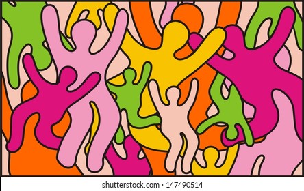 Mosaic pattern for stained glass window: people, crowd, party, fun, dancing, hands up. Untraditional orientation. Vector Illustration.