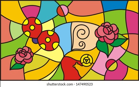 Mosaic pattern for stained glass window: garden, insect, ladybug, butterfly, flowers, summer, mood. Vector Illustration.