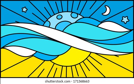 Mosaic pattern for stained glass window: day night sky clouds moon sky summer sun rays mood. Vector Illustration.