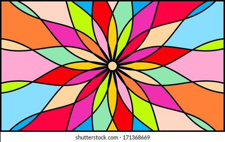 Mosaic pattern for stained glass window: kaleidoscope, flowers, petals, stars. Vector Illustration.