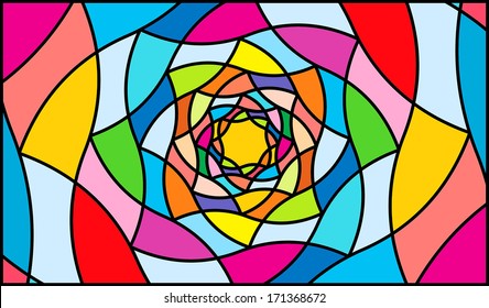 Mosaic pattern for stained glass window: kaleidoscope, volcano, tornado, vortex. Vector Illustration.