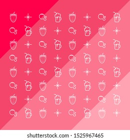 Mosaic and pattern of strawberry. Juice and smoothie icons. Vector thin line mini icons set. Illustrated symbols and silhouettes.