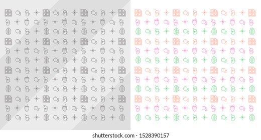 Mosaic and pattern of strawberry, mint, chocolate. Juice and smoothie icons. Vector thin line mini icons set. Illustrated symbols and silhouettes. - Vector