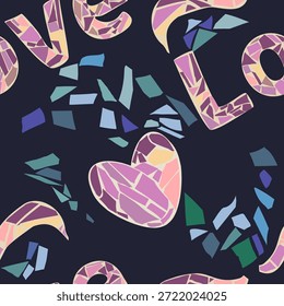 Padrão de mosaico com um violeta, cor-de-rosa e amor de palavra. Peças de ladrilhos desenhadas à mão e colocadas. Original, ilustração vetorial