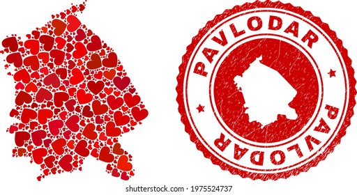 Mosaic Pavlodar Region map composed with red love hearts, and rubber seal stamp. Vector lovely round red rubber stamp imitation with Pavlodar Region map inside.