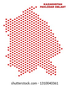Mosaic Pavlodar Region map of heart hearts in red color isolated on a white background. Regular red heart pattern in shape of Pavlodar Region map. Abstract design for Valentine illustrations.